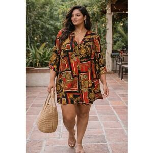 Bebop Dress Womens Medium Red Black Gold Baroque Print Tunic Dress Y2K Festival